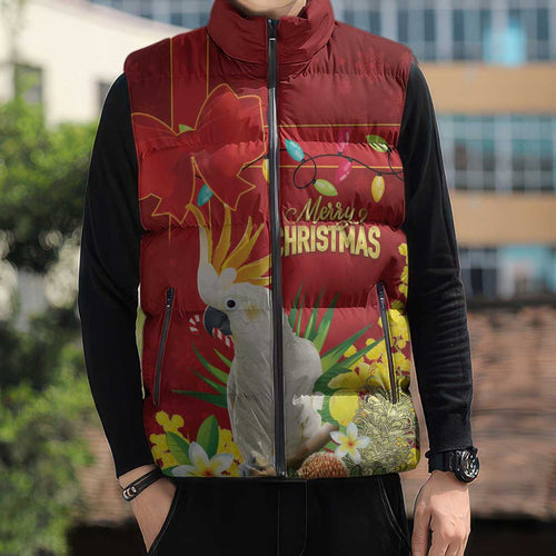 Personalised Australia Sulphur-crested Cockatoo Christmas Sleeveless Puffer Jacket Aussie Native Flowers Merry Xmas - Aussie Hoodie