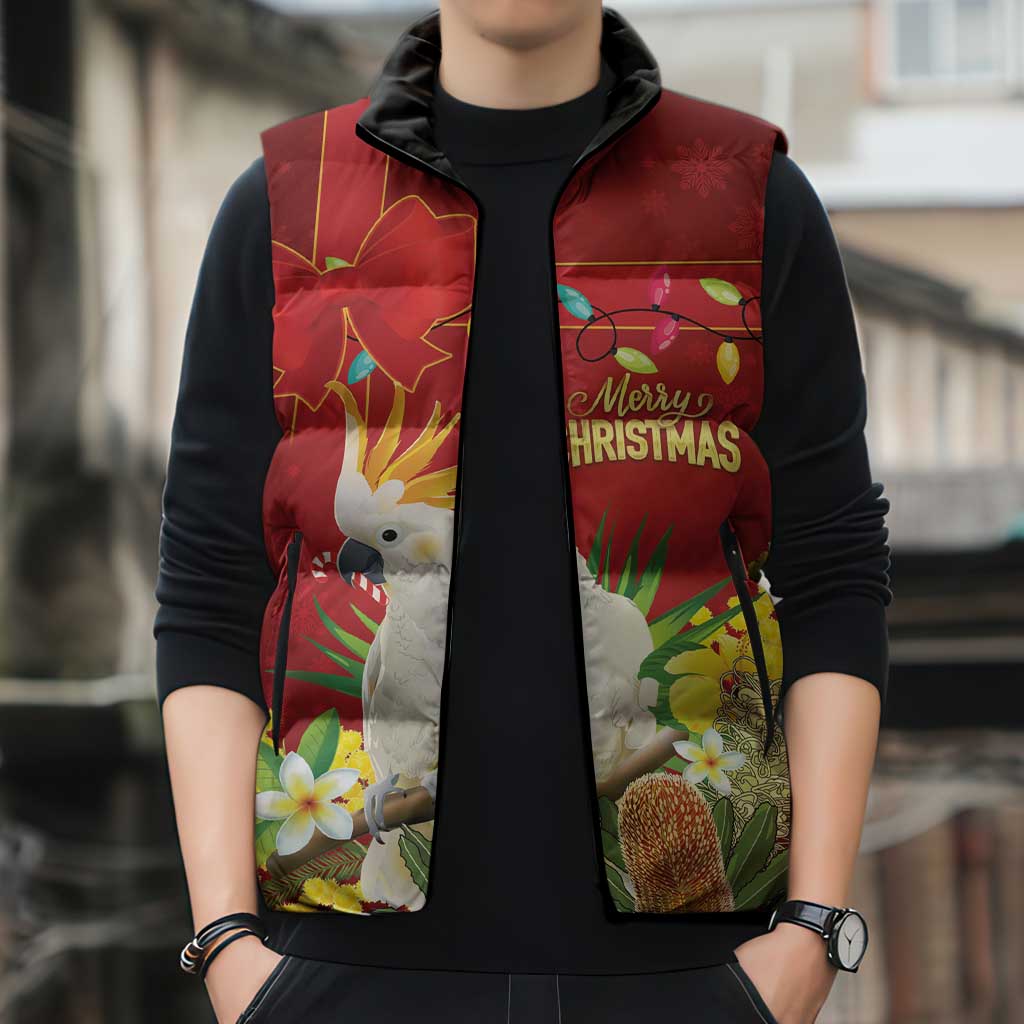 Personalised Australia Sulphur-crested Cockatoo Christmas Sleeveless Puffer Jacket Aussie Native Flowers Merry Xmas - Aussie Hoodie