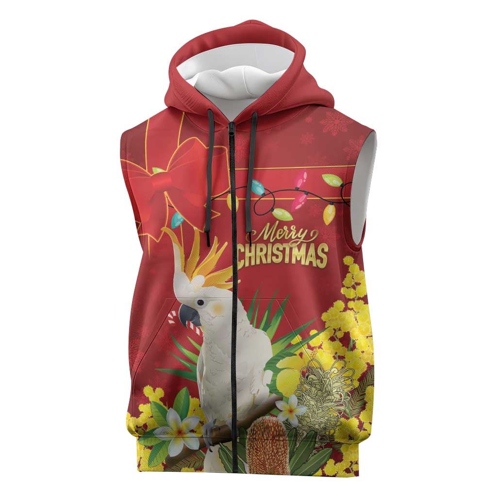 Personalised Australia Sulphur-crested Cockatoo Christmas Sleeveless Zip Hoodie Aussie Native Flowers Merry Xmas LT14
