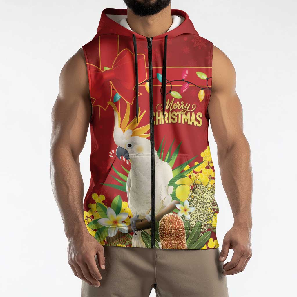Personalised Australia Sulphur-crested Cockatoo Christmas Sleeveless Zip Hoodie Aussie Native Flowers Merry Xmas LT14