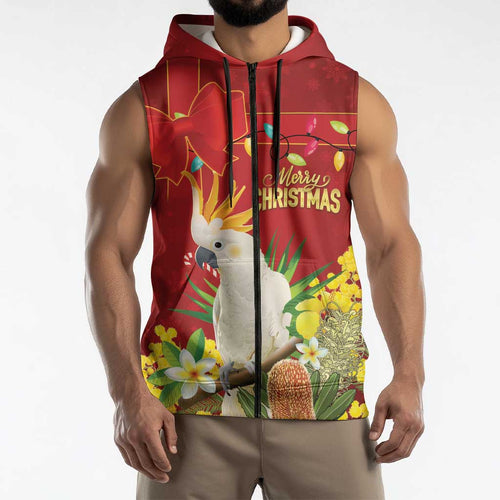 Personalised Australia Sulphur-crested Cockatoo Christmas Sleeveless Zip Hoodie Aussie Native Flowers Merry Xmas LT14