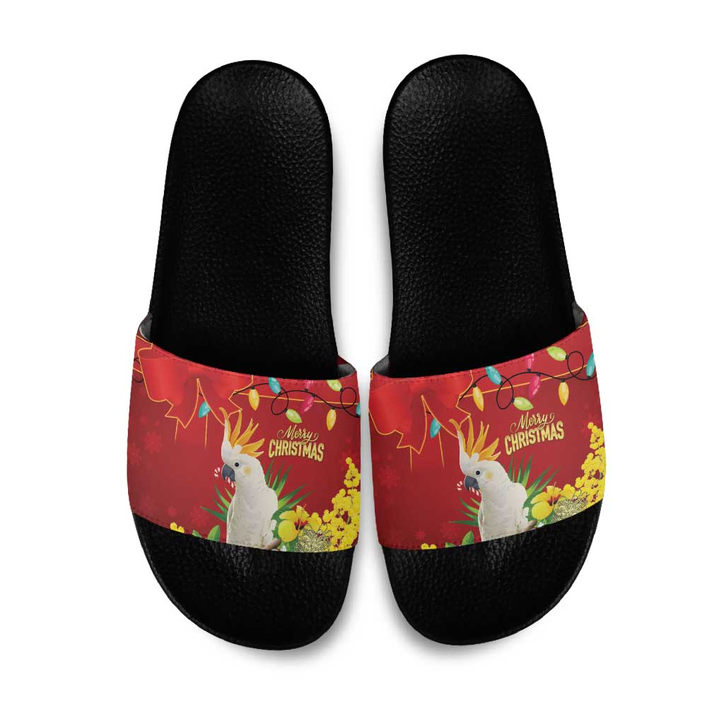 Australia Sulphur-crested Cockatoo Christmas Slide Sandals Aussie Native Flowers Merry Xmas - Aussie Hoodie