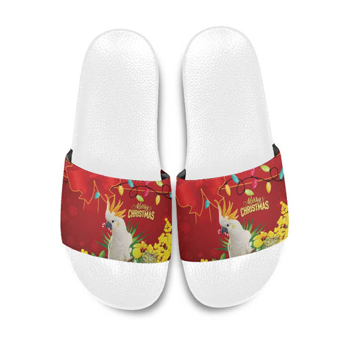 Australia Sulphur-crested Cockatoo Christmas Slide Sandals Aussie Native Flowers Merry Xmas - Aussie Hoodie