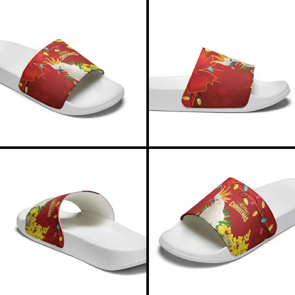 Australia Sulphur-crested Cockatoo Christmas Slide Sandals Aussie Native Flowers Merry Xmas - Aussie Hoodie