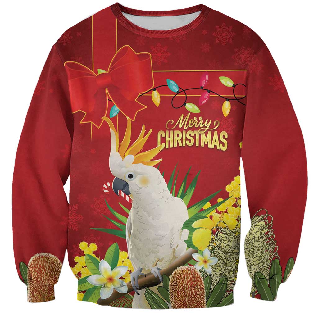 Personalised Australia Sulphur-crested Cockatoo Christmas Sweatshirt Aussie Native Flowers Merry Xmas - Aussie Hoodie