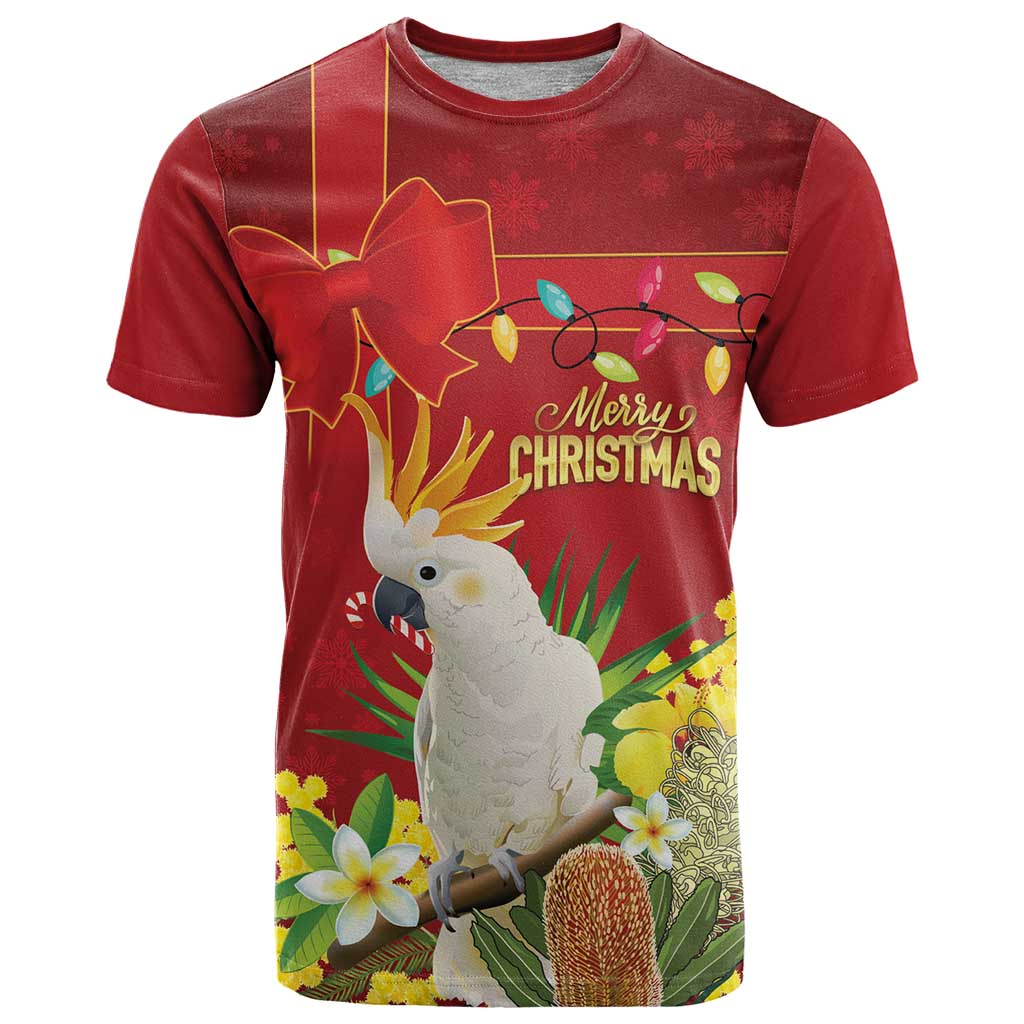 Personalised Australia Sulphur-crested Cockatoo Christmas T Shirt Aussie Native Flowers Merry Xmas - Aussie Hoodie