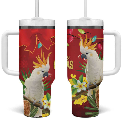 Australia Sulphur-crested Cockatoo Christmas Tumbler With Handle Aussie Native Flowers Merry Xmas - Aussie Hoodie