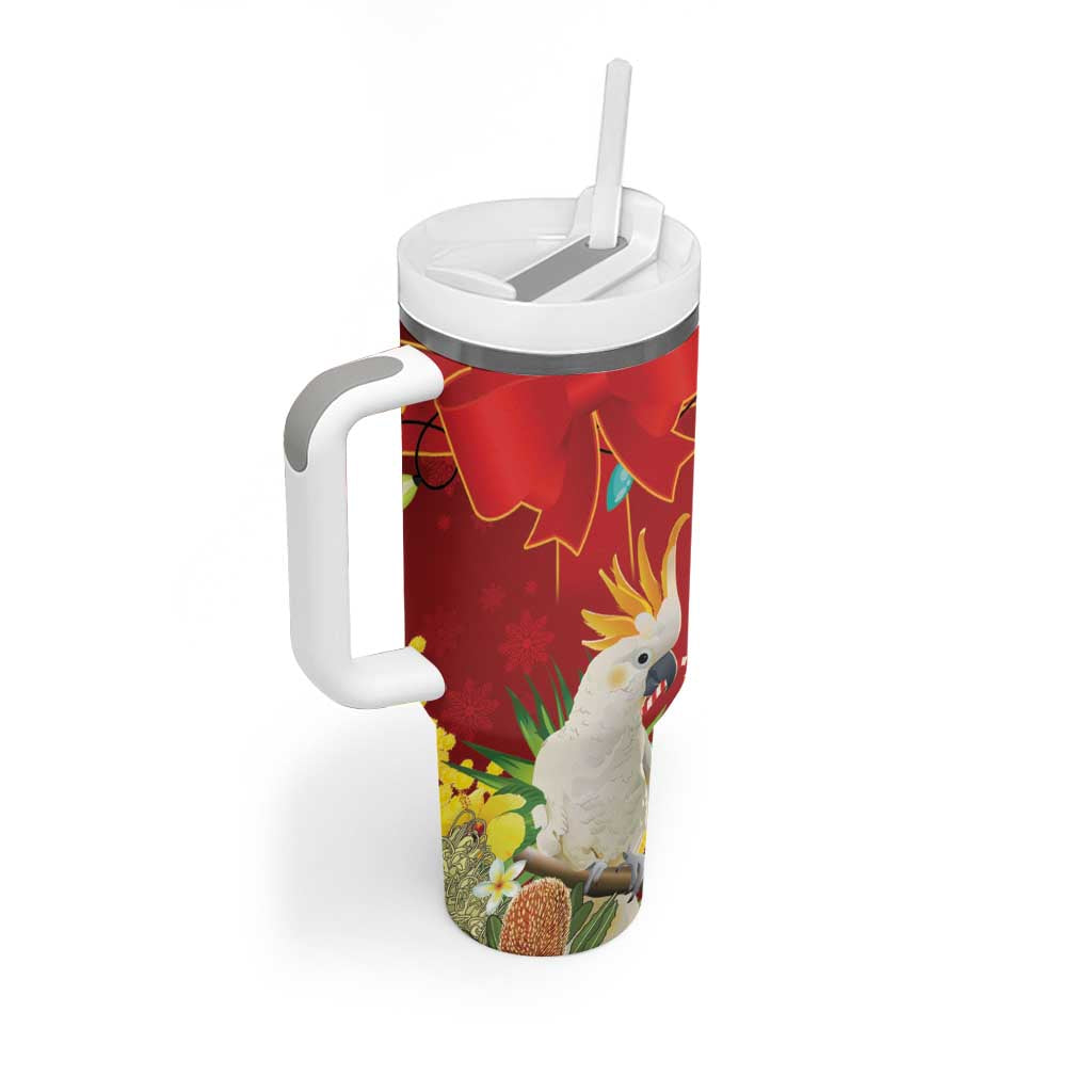 Australia Sulphur-crested Cockatoo Christmas Tumbler With Handle Aussie Native Flowers Merry Xmas - Aussie Hoodie