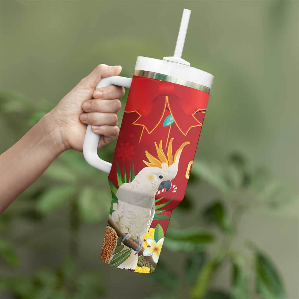 Australia Sulphur-crested Cockatoo Christmas Tumbler With Handle Aussie Native Flowers Merry Xmas - Aussie Hoodie