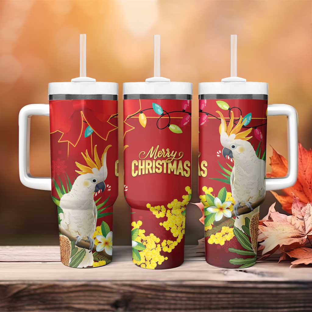 Australia Sulphur-crested Cockatoo Christmas Tumbler With Handle Aussie Native Flowers Merry Xmas - Aussie Hoodie