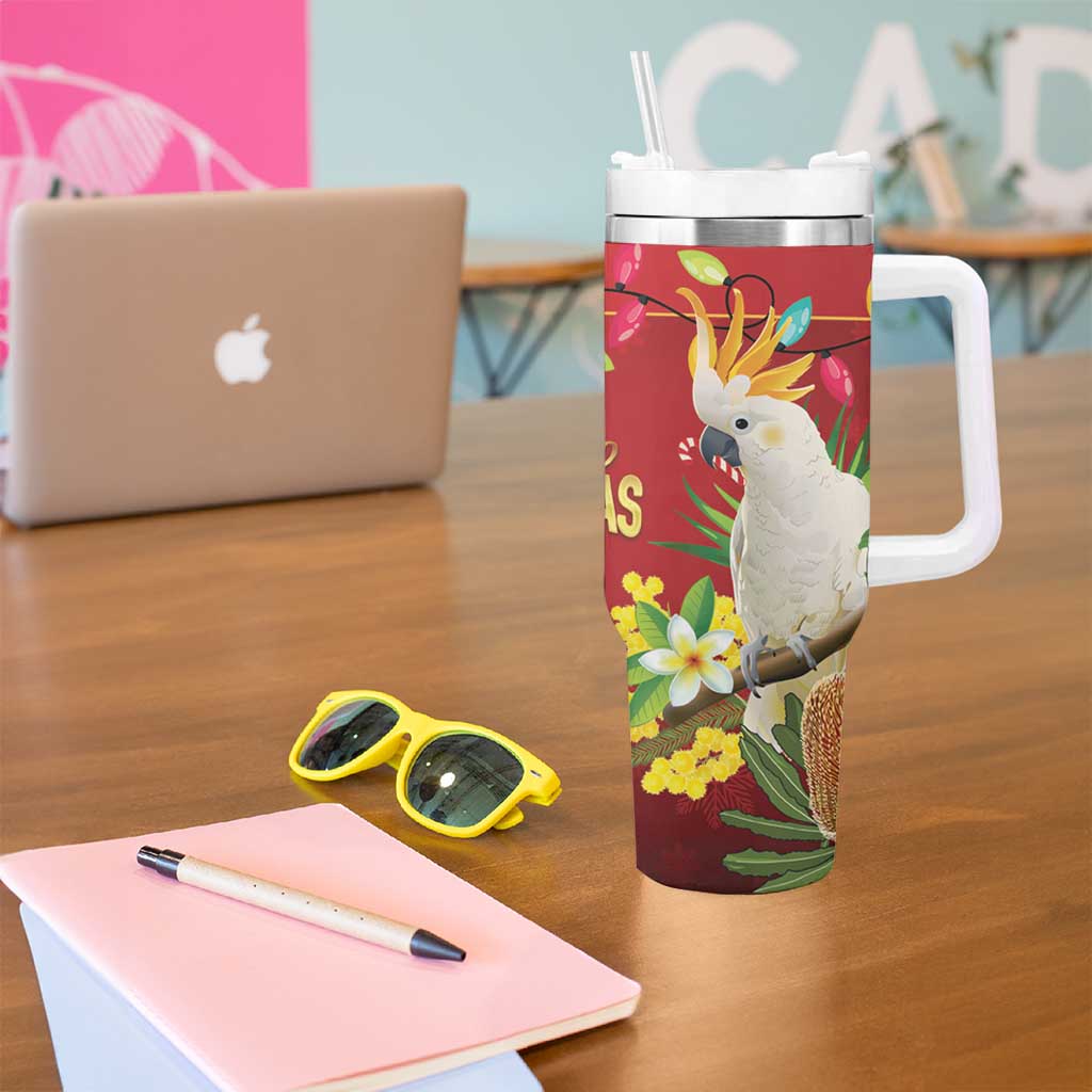 Australia Sulphur-crested Cockatoo Christmas Tumbler With Handle Aussie Native Flowers Merry Xmas - Aussie Hoodie