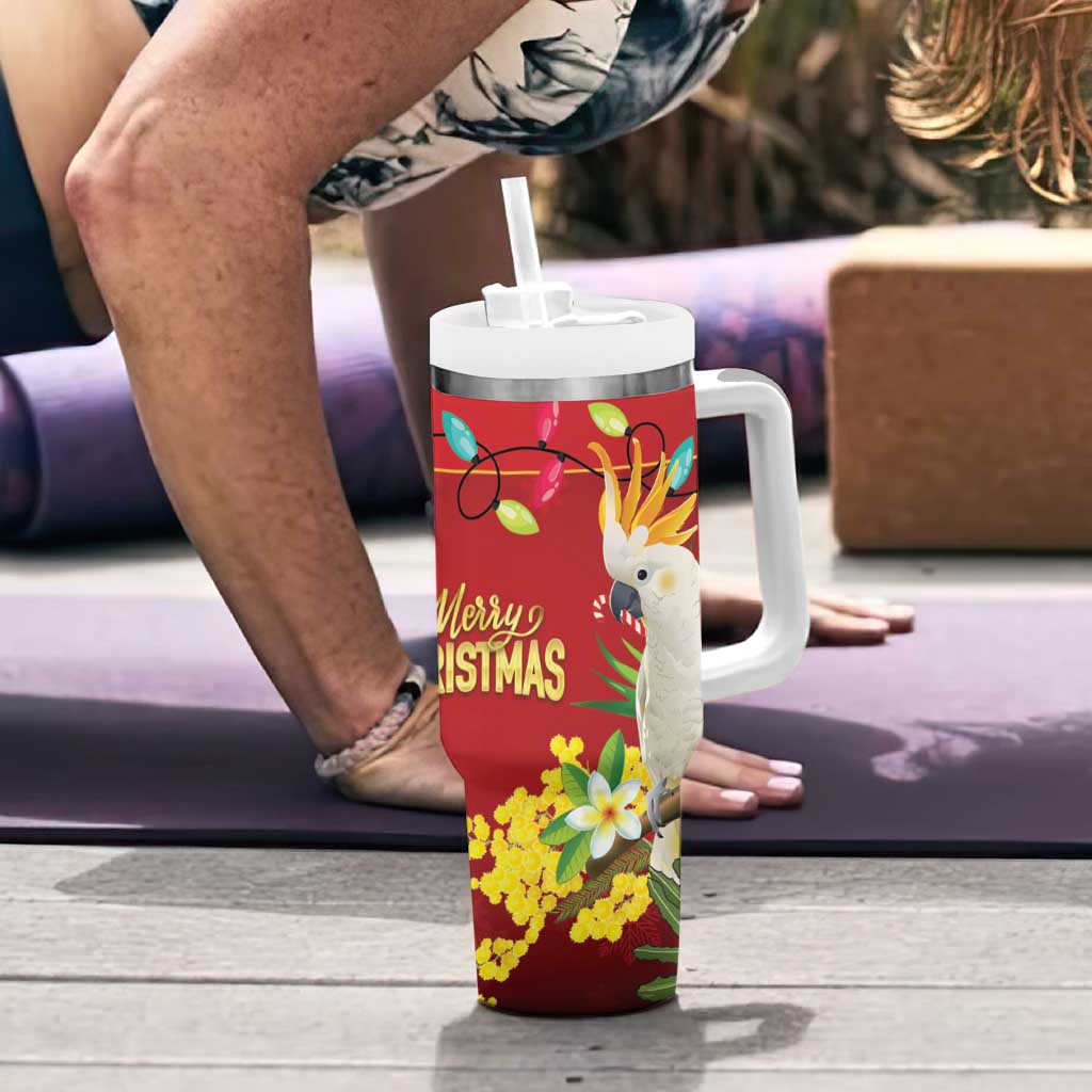 Australia Sulphur-crested Cockatoo Christmas Tumbler With Handle Aussie Native Flowers Merry Xmas - Aussie Hoodie