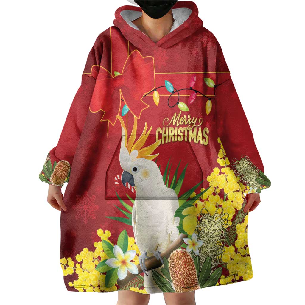 Personalised Australia Sulphur-crested Cockatoo Christmas Wearable Blanket Hoodie Aussie Native Flowers Merry Xmas - Aussie Hoodie