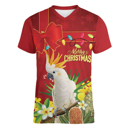 Personalised Australia Sulphur-crested Cockatoo Christmas Women V-Neck T-Shirt Aussie Native Flowers Merry Xmas - Aussie Hoodie
