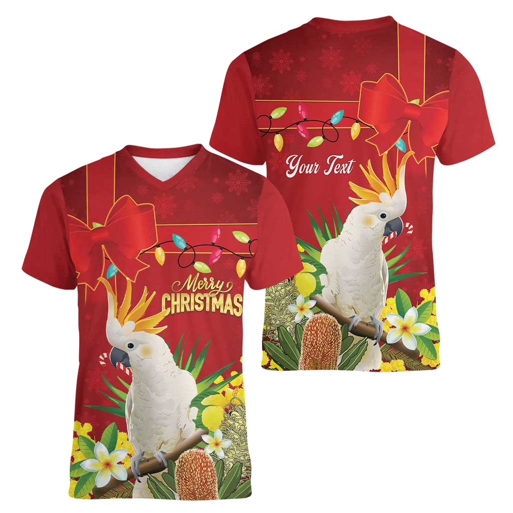 Personalised Australia Sulphur-crested Cockatoo Christmas Women V-Neck T-Shirt Aussie Native Flowers Merry Xmas - Aussie Hoodie