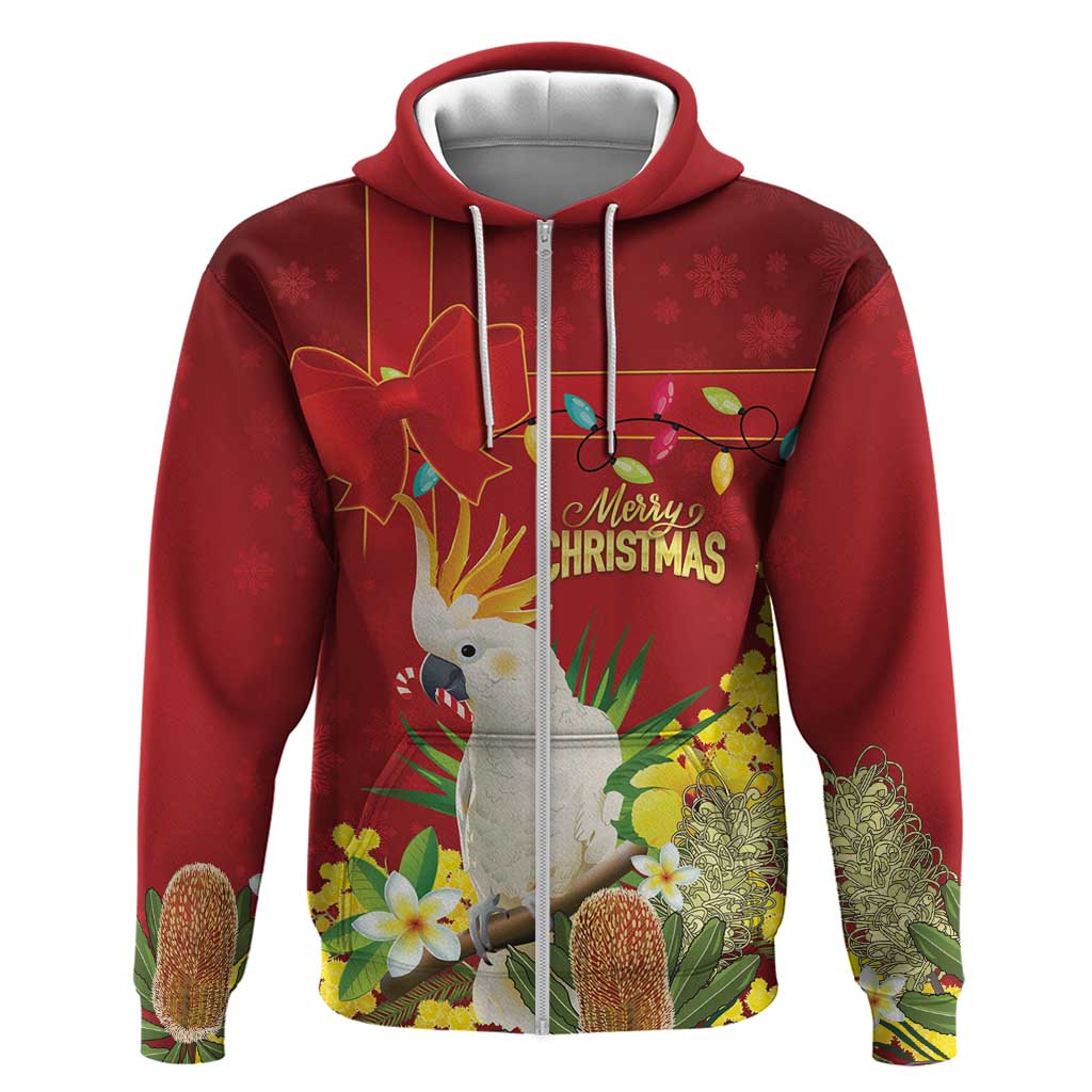 Personalised Australia Sulphur-crested Cockatoo Christmas Zip Hoodie Aussie Native Flowers Merry Xmas - Aussie Hoodie