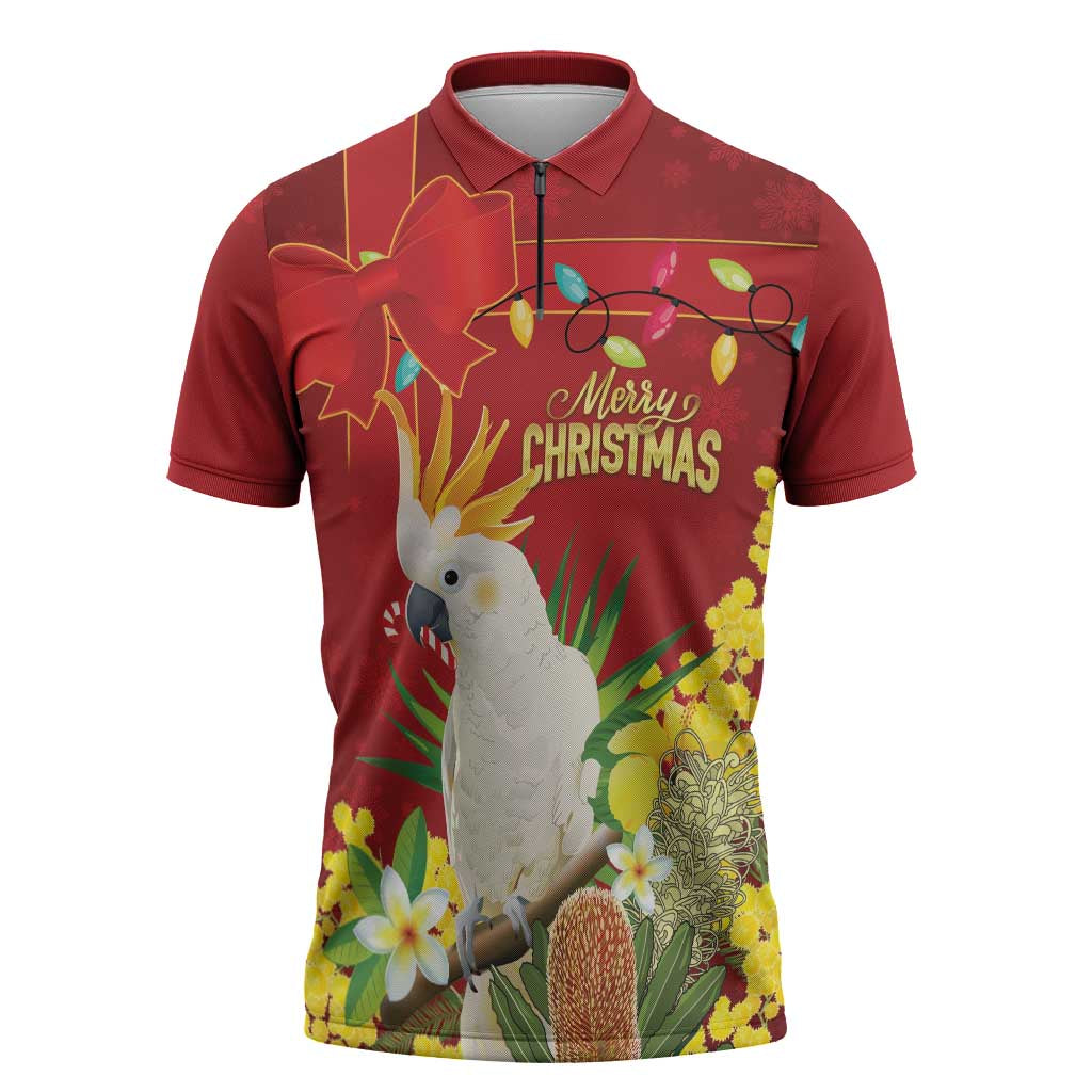 Personalised Australia Sulphur-crested Cockatoo Christmas Zipper Polo Shirt Aussie Native Flowers Merry Xmas - Aussie Hoodie