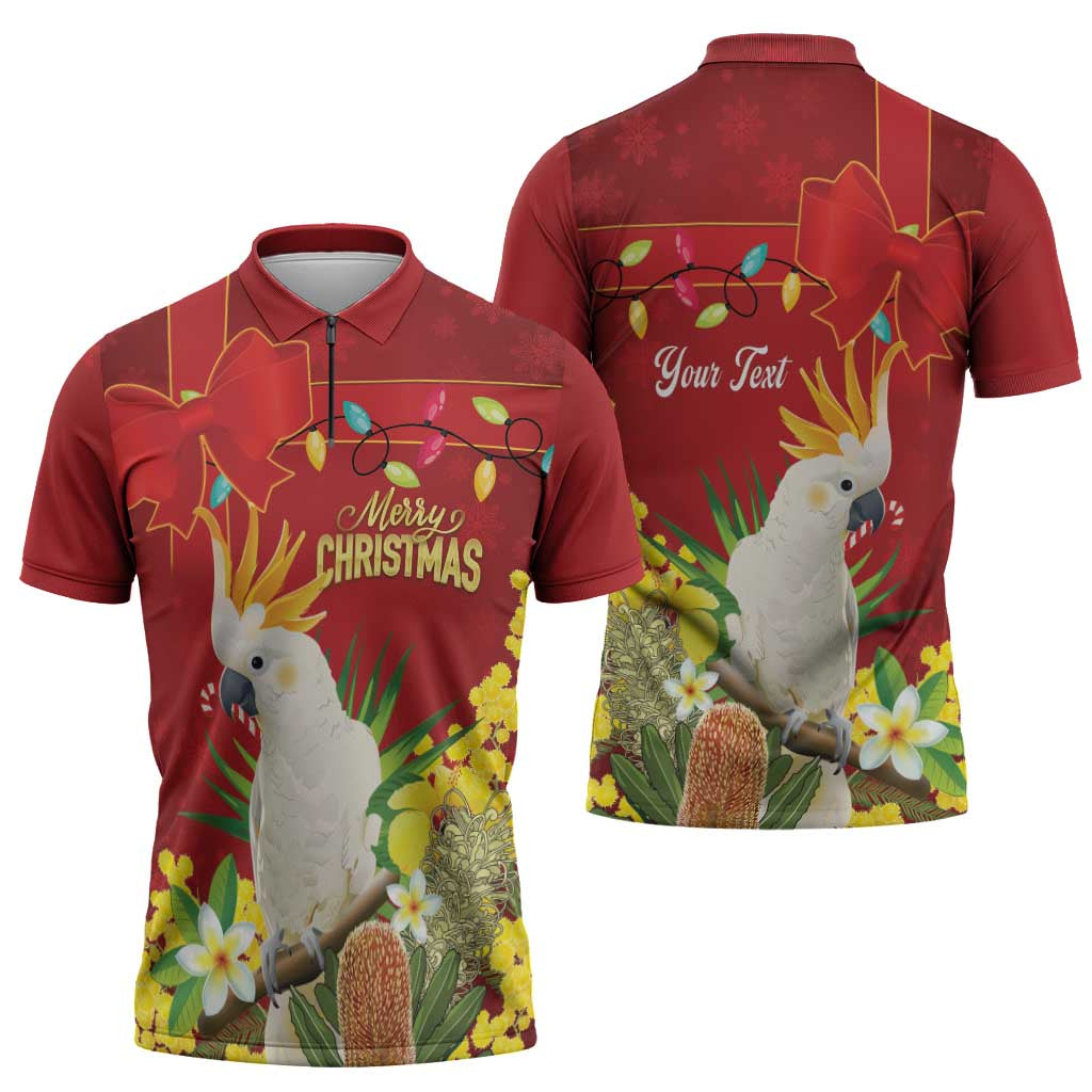Personalised Australia Sulphur-crested Cockatoo Christmas Zipper Polo Shirt Aussie Native Flowers Merry Xmas - Aussie Hoodie