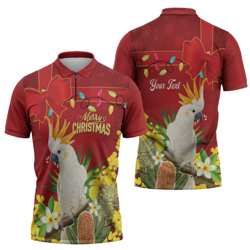 Personalised Australia Sulphur-crested Cockatoo Christmas Zipper Polo Shirt Aussie Native Flowers Merry Xmas - Aussie Hoodie