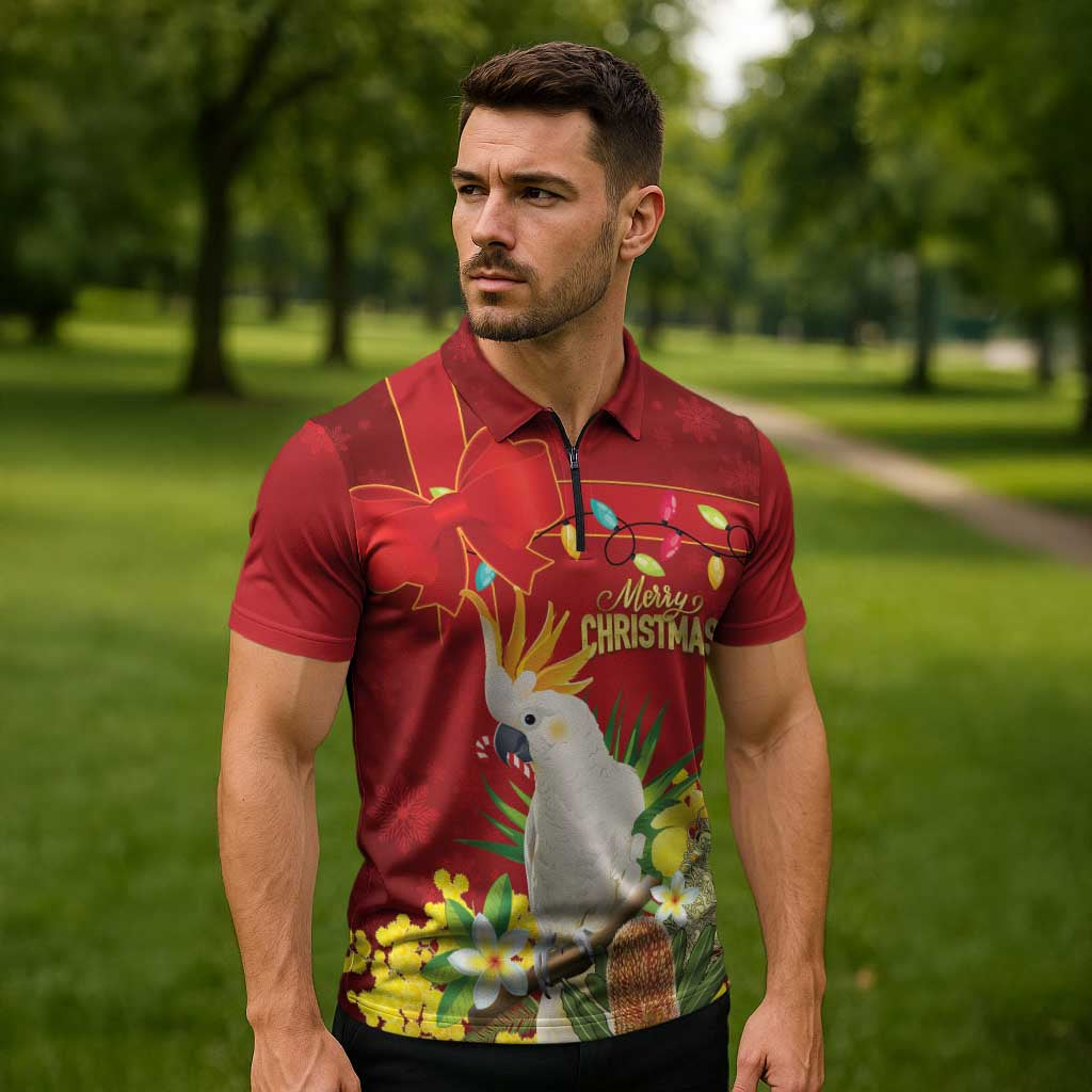 Personalised Australia Sulphur-crested Cockatoo Christmas Zipper Polo Shirt Aussie Native Flowers Merry Xmas - Aussie Hoodie