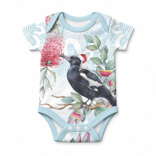 Australia Magpie Christmas Baby Onesie Eucalyptus Aboriginal Watercolor Stylized