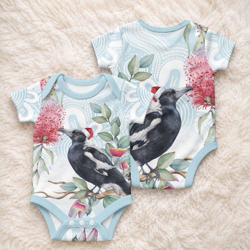 Australia Magpie Christmas Baby Onesie Eucalyptus Aboriginal Watercolor Stylized