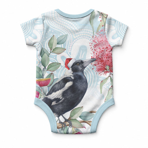 Australia Magpie Christmas Baby Onesie Eucalyptus Aboriginal Watercolor Stylized