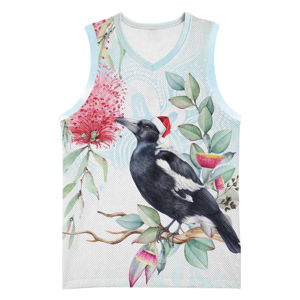 Australia Magpie Christmas Basketball Jersey Eucalyptus Aboriginal Watercolor Stylized - Aussie Hoodie