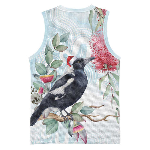 Australia Magpie Christmas Basketball Jersey Eucalyptus Aboriginal Watercolor Stylized - Aussie Hoodie