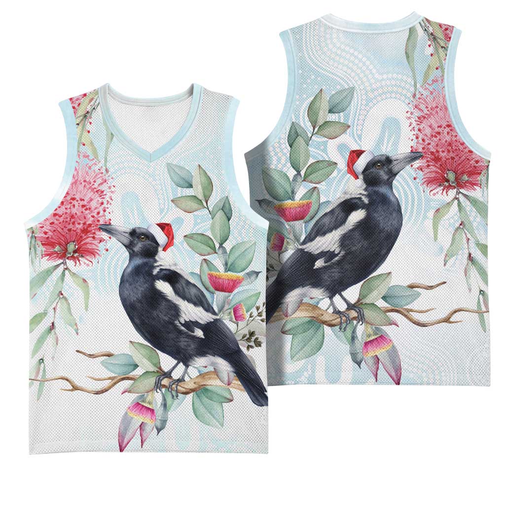 Australia Magpie Christmas Basketball Jersey Eucalyptus Aboriginal Watercolor Stylized - Aussie Hoodie