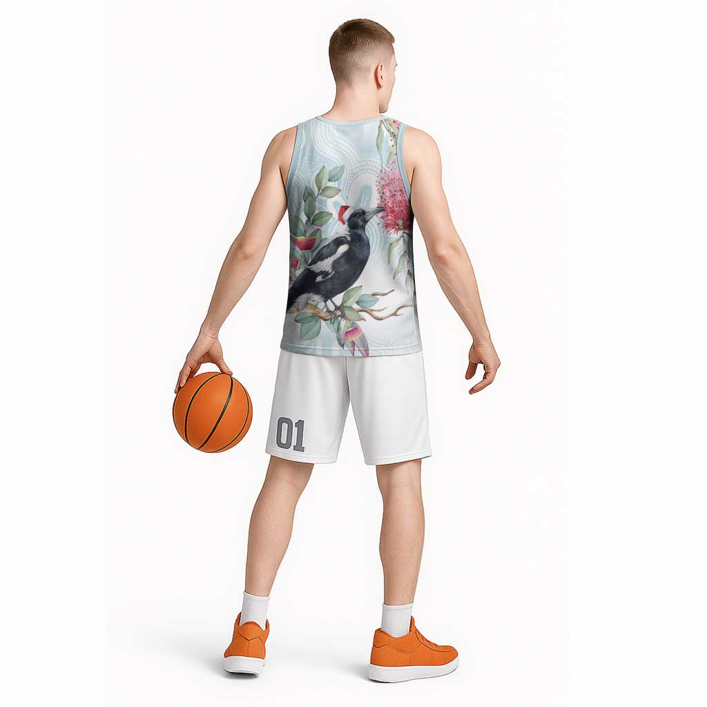 Australia Magpie Christmas Basketball Jersey Eucalyptus Aboriginal Watercolor Stylized - Aussie Hoodie