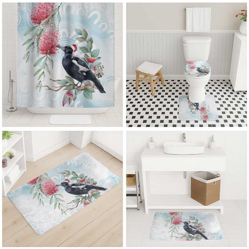 Australia Magpie Christmas Bathroom Set Eucalyptus Aboriginal Watercolor Stylized - Aussie Hoodie