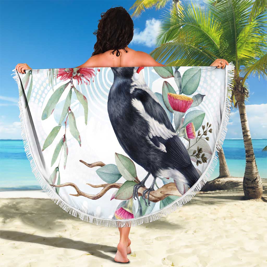 Australia Magpie Christmas Beach Blanket Eucalyptus Aboriginal Watercolor Stylized - Aussie Hoodie