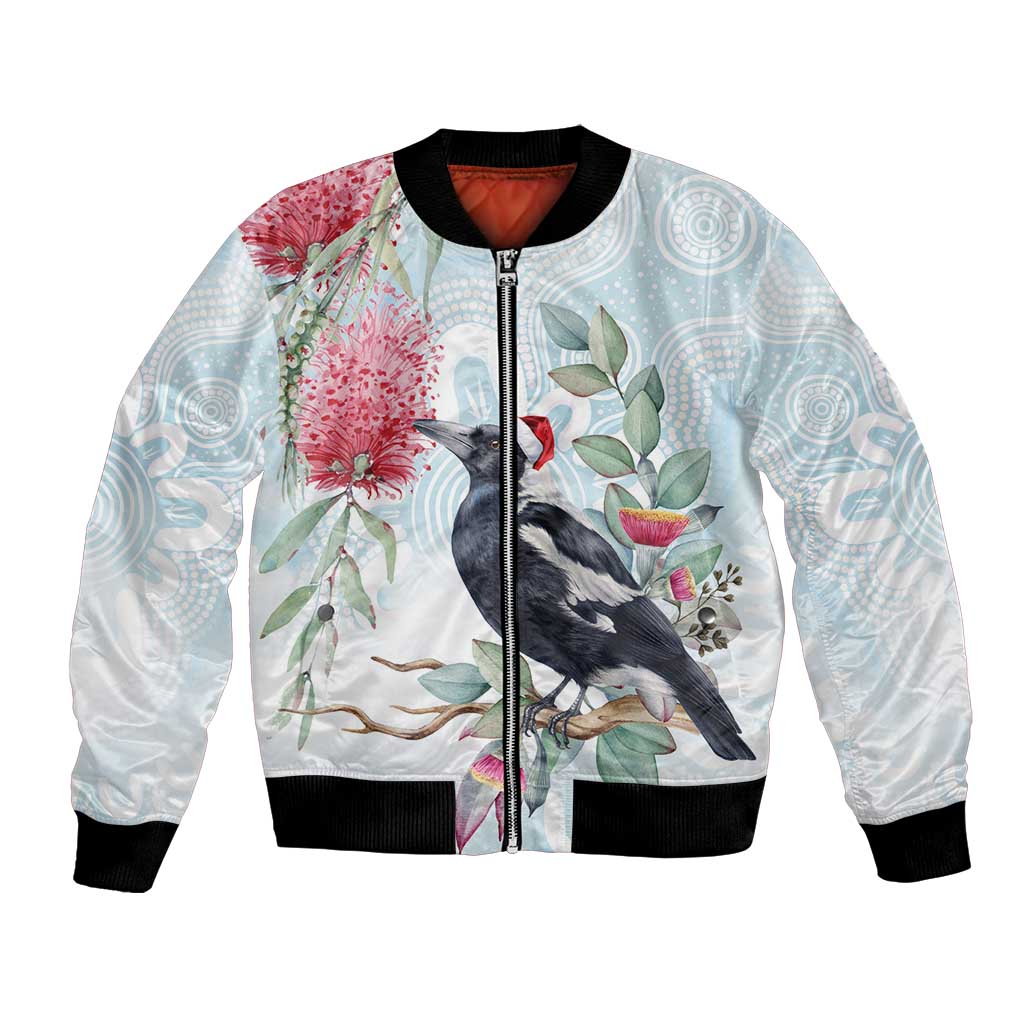 Australia Magpie Christmas Bomber Jacket Eucalyptus Aboriginal Watercolor Stylized - Aussie Hoodie