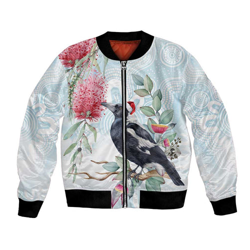 Australia Magpie Christmas Bomber Jacket Eucalyptus Aboriginal Watercolor Stylized - Aussie Hoodie