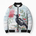 Australia Magpie Christmas Bomber Puffer Jacket Eucalyptus Aboriginal Watercolor Stylized - Aussie Hoodie