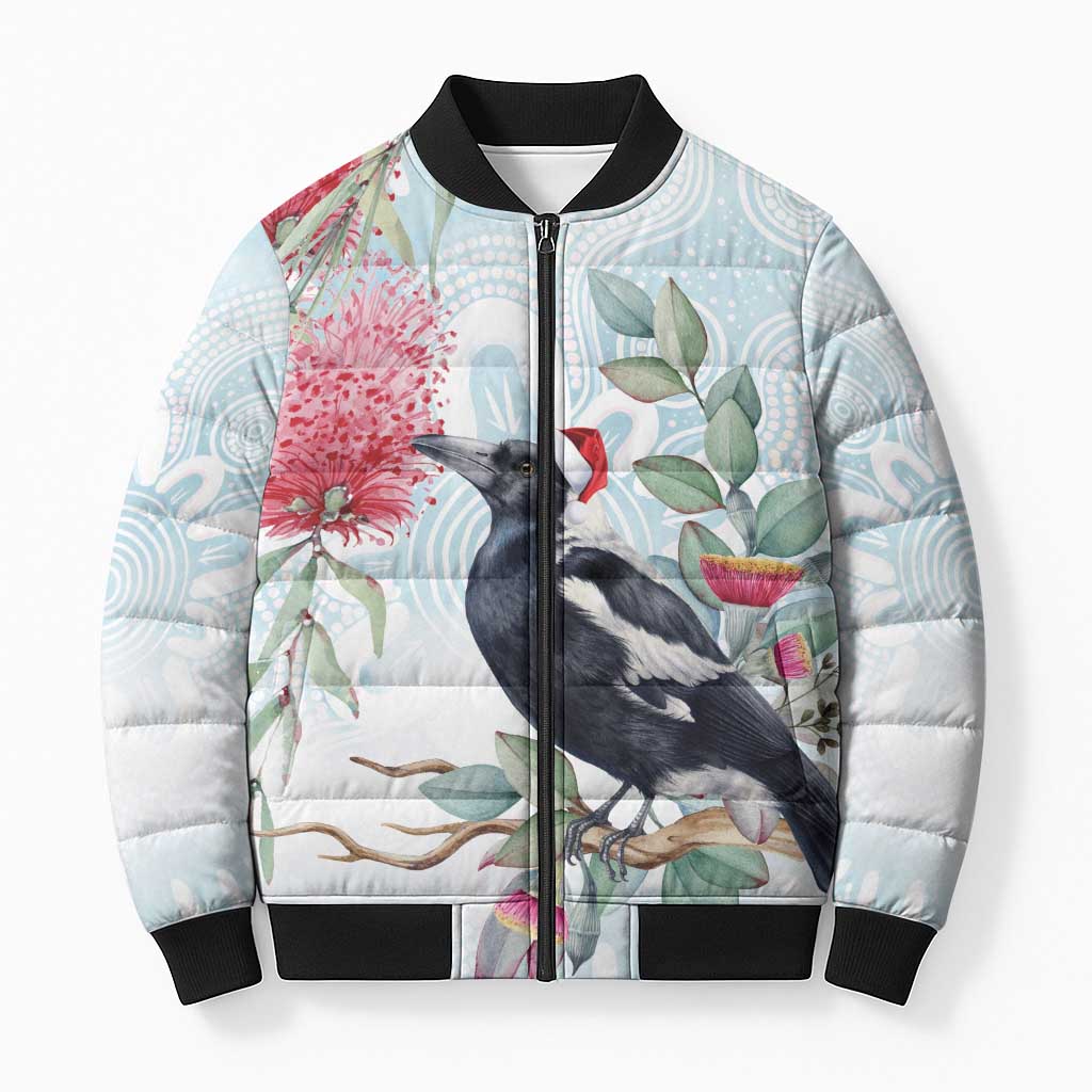 Australia Magpie Christmas Bomber Puffer Jacket Eucalyptus Aboriginal Watercolor Stylized - Aussie Hoodie