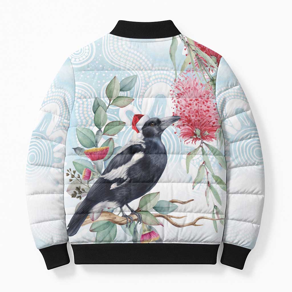 Australia Magpie Christmas Bomber Puffer Jacket Eucalyptus Aboriginal Watercolor Stylized - Aussie Hoodie