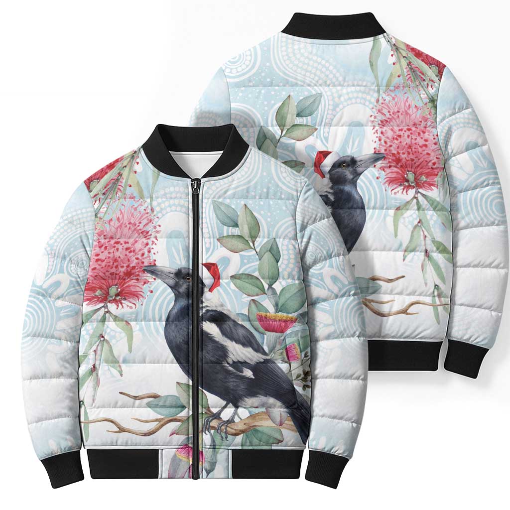 Australia Magpie Christmas Bomber Puffer Jacket Eucalyptus Aboriginal Watercolor Stylized - Aussie Hoodie