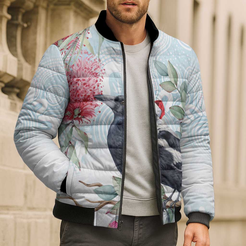 Australia Magpie Christmas Bomber Puffer Jacket Eucalyptus Aboriginal Watercolor Stylized - Aussie Hoodie