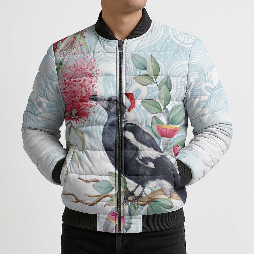 Australia Magpie Christmas Bomber Puffer Jacket Eucalyptus Aboriginal Watercolor Stylized - Aussie Hoodie