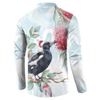 Australia Magpie Christmas Button Sweatshirt Eucalyptus Aboriginal Watercolor Stylized - Aussie Hoodie