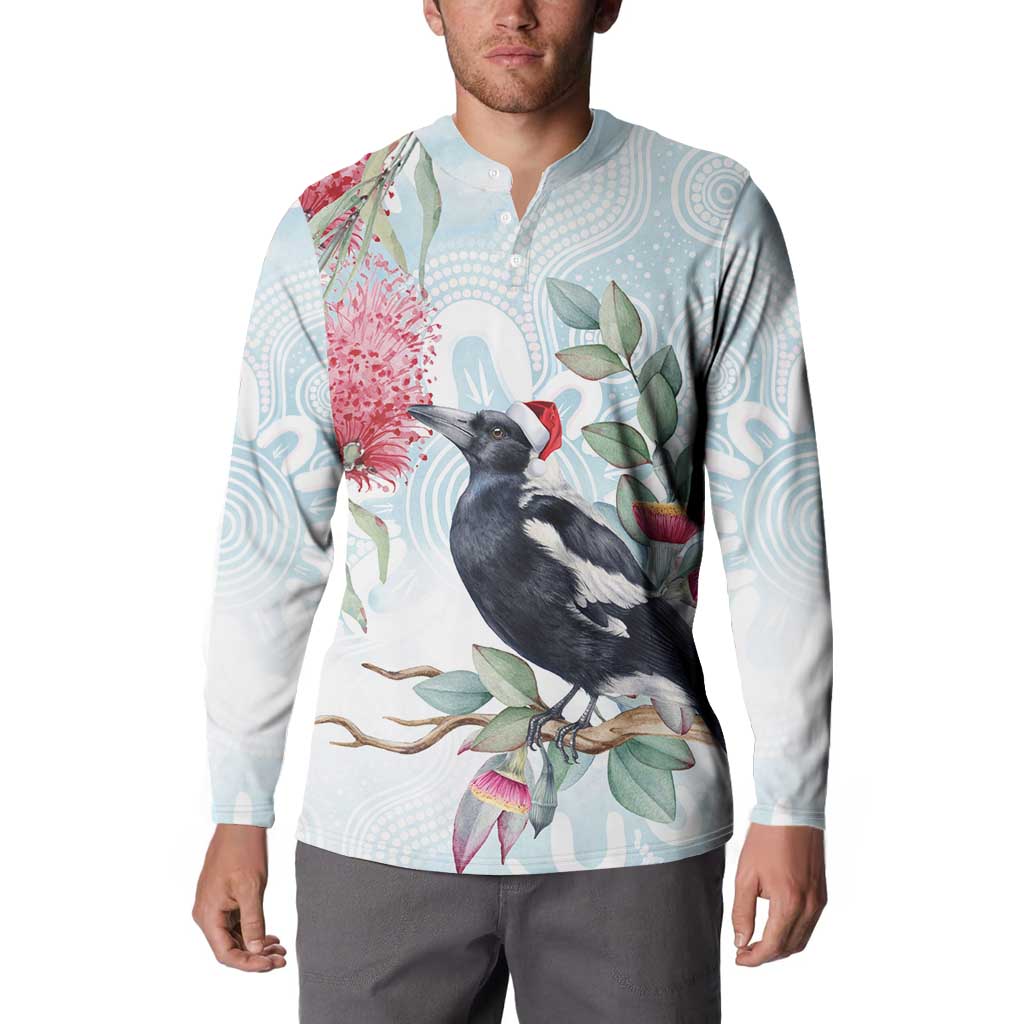Australia Magpie Christmas Button Sweatshirt Eucalyptus Aboriginal Watercolor Stylized - Aussie Hoodie
