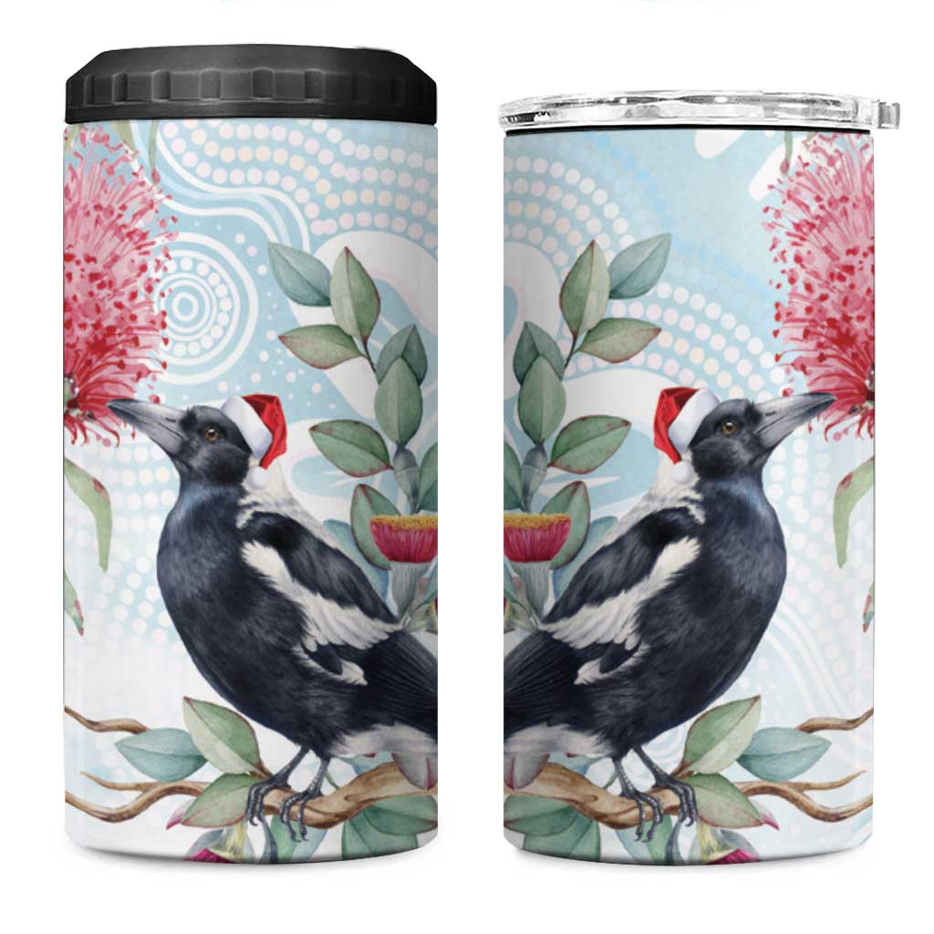 Australia Magpie Christmas 4 in 1 Can Cooler Tumbler Eucalyptus Aboriginal Watercolor Stylized - Aussie Hoodie