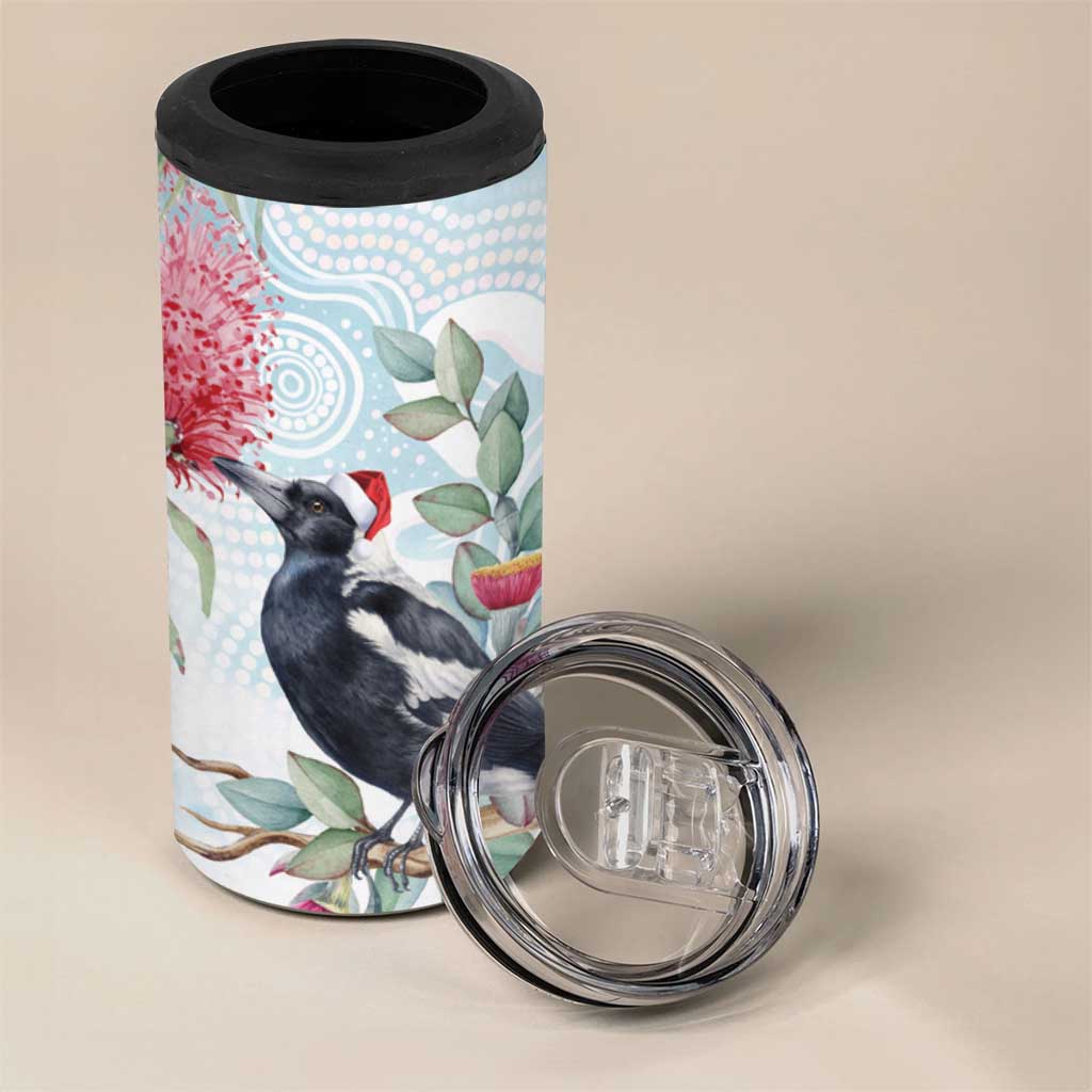 Australia Magpie Christmas 4 in 1 Can Cooler Tumbler Eucalyptus Aboriginal Watercolor Stylized - Aussie Hoodie