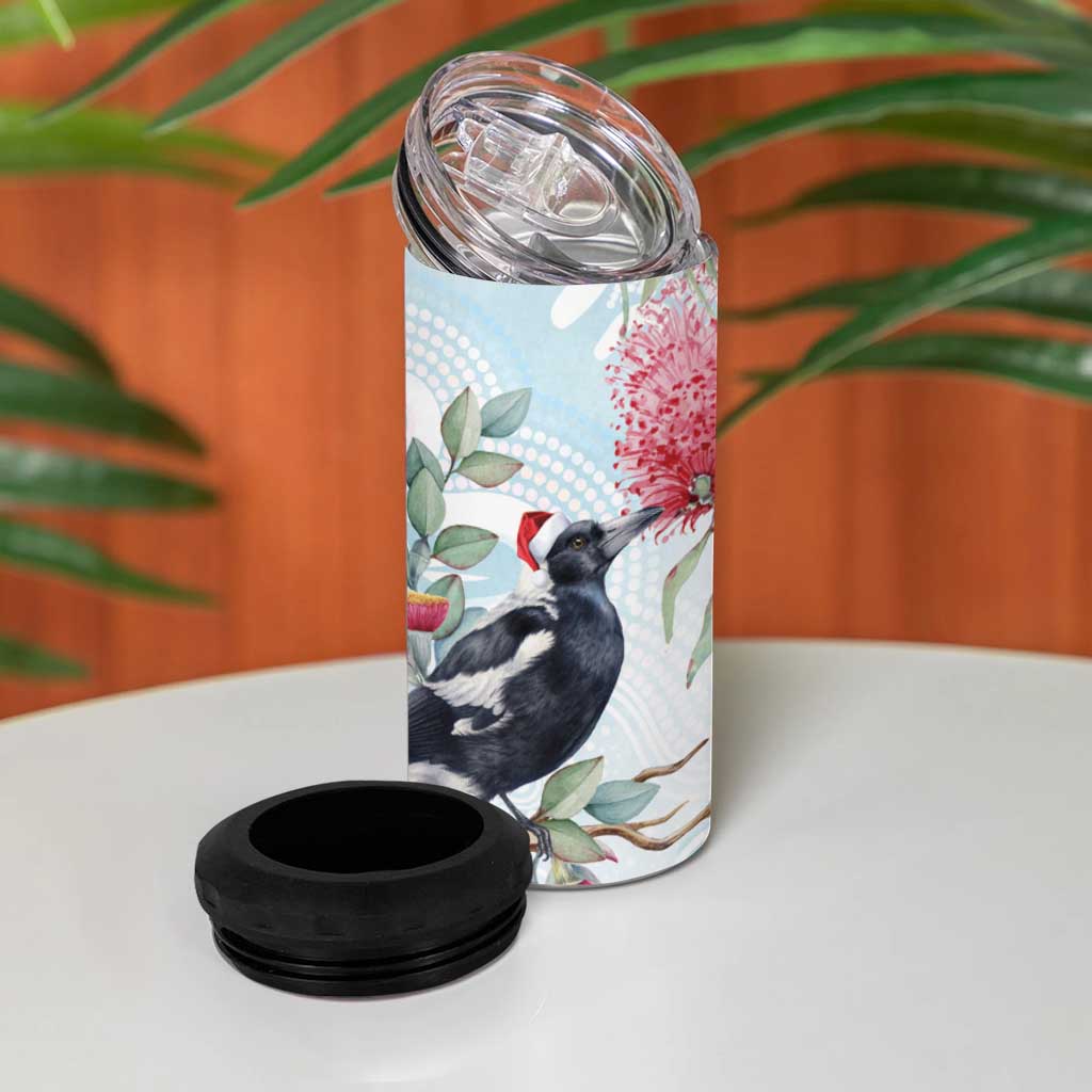 Australia Magpie Christmas 4 in 1 Can Cooler Tumbler Eucalyptus Aboriginal Watercolor Stylized - Aussie Hoodie