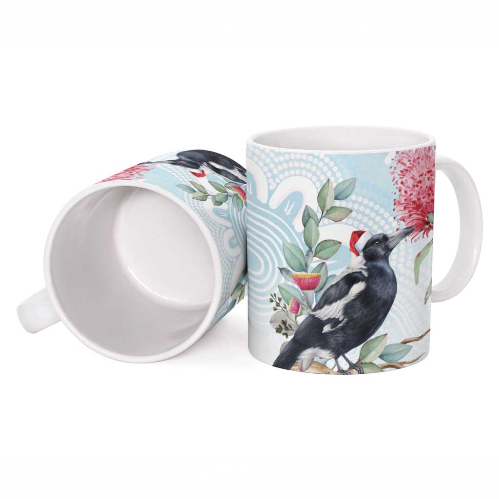 Australia Magpie Christmas Ceramic Mug Eucalyptus Aboriginal Watercolor Stylized - Aussie Hoodie