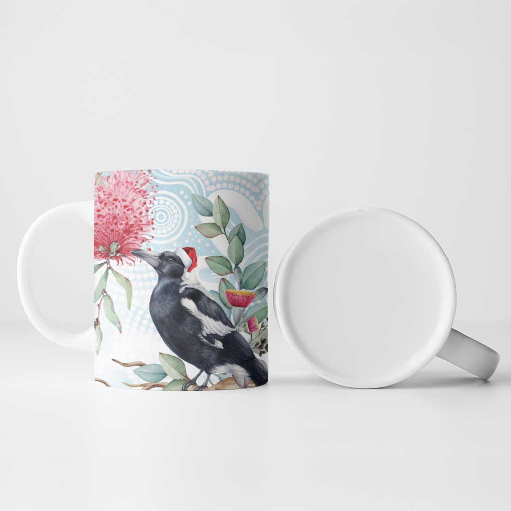 Australia Magpie Christmas Ceramic Mug Eucalyptus Aboriginal Watercolor Stylized - Aussie Hoodie