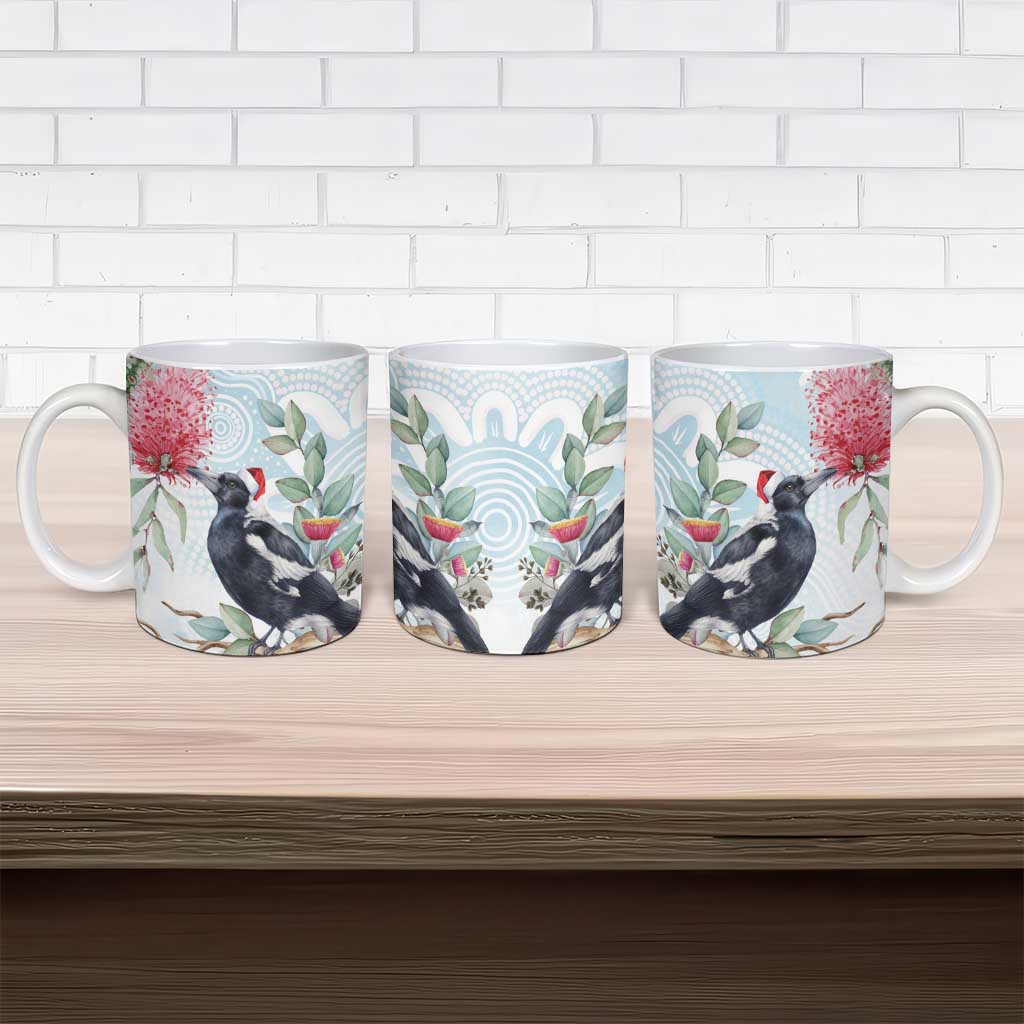 Australia Magpie Christmas Ceramic Mug Eucalyptus Aboriginal Watercolor Stylized - Aussie Hoodie