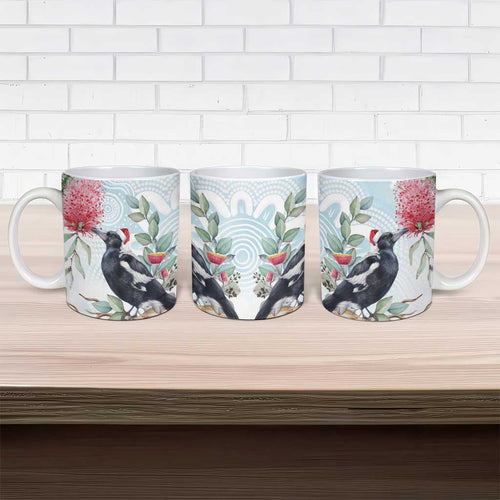 Australia Magpie Christmas Ceramic Mug Eucalyptus Aboriginal Watercolor Stylized - Aussie Hoodie